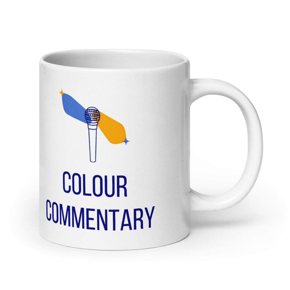 20 oz double star mug, handle on the right, the widest size with the Colour Commentary microphone design