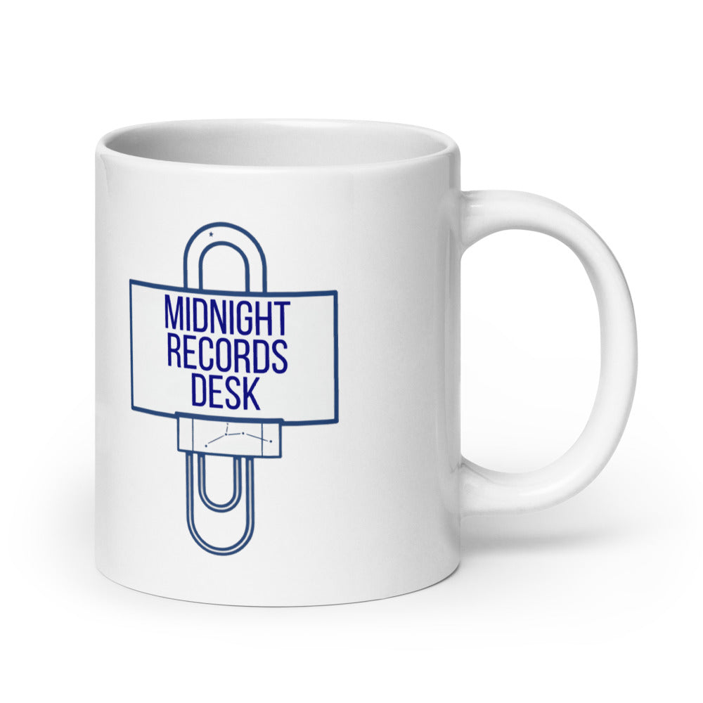 20 oz astronomy log mug, handle on the right, Midnight Records Desk design