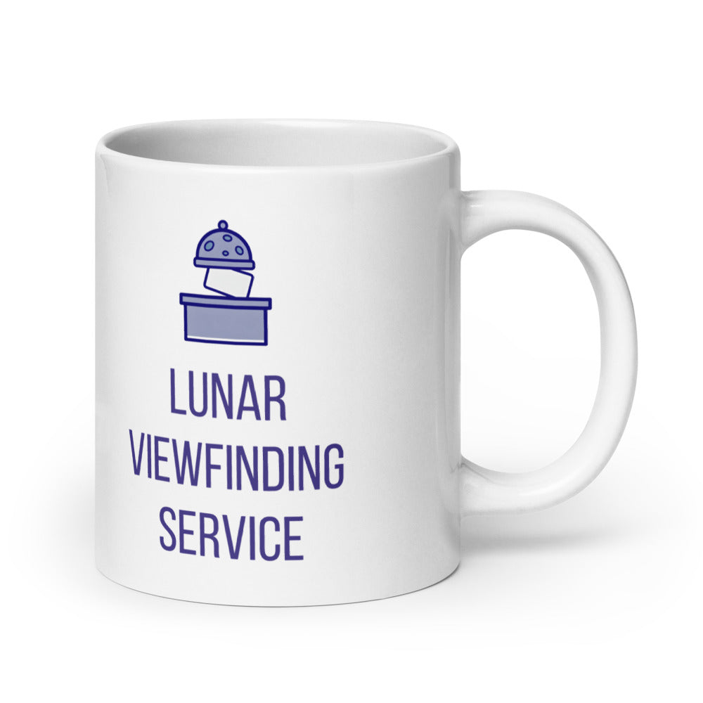 20 oz lunar observer mug, handle on the right, widest cup with the Lunar Viewfinding Service design