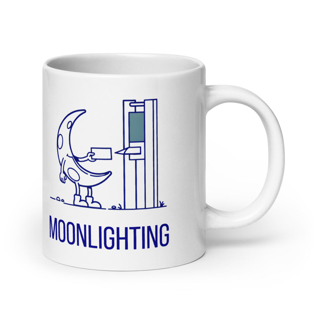 20 oz moonlighting mug, handle on the right, the widest size with the crescent moon time clock design