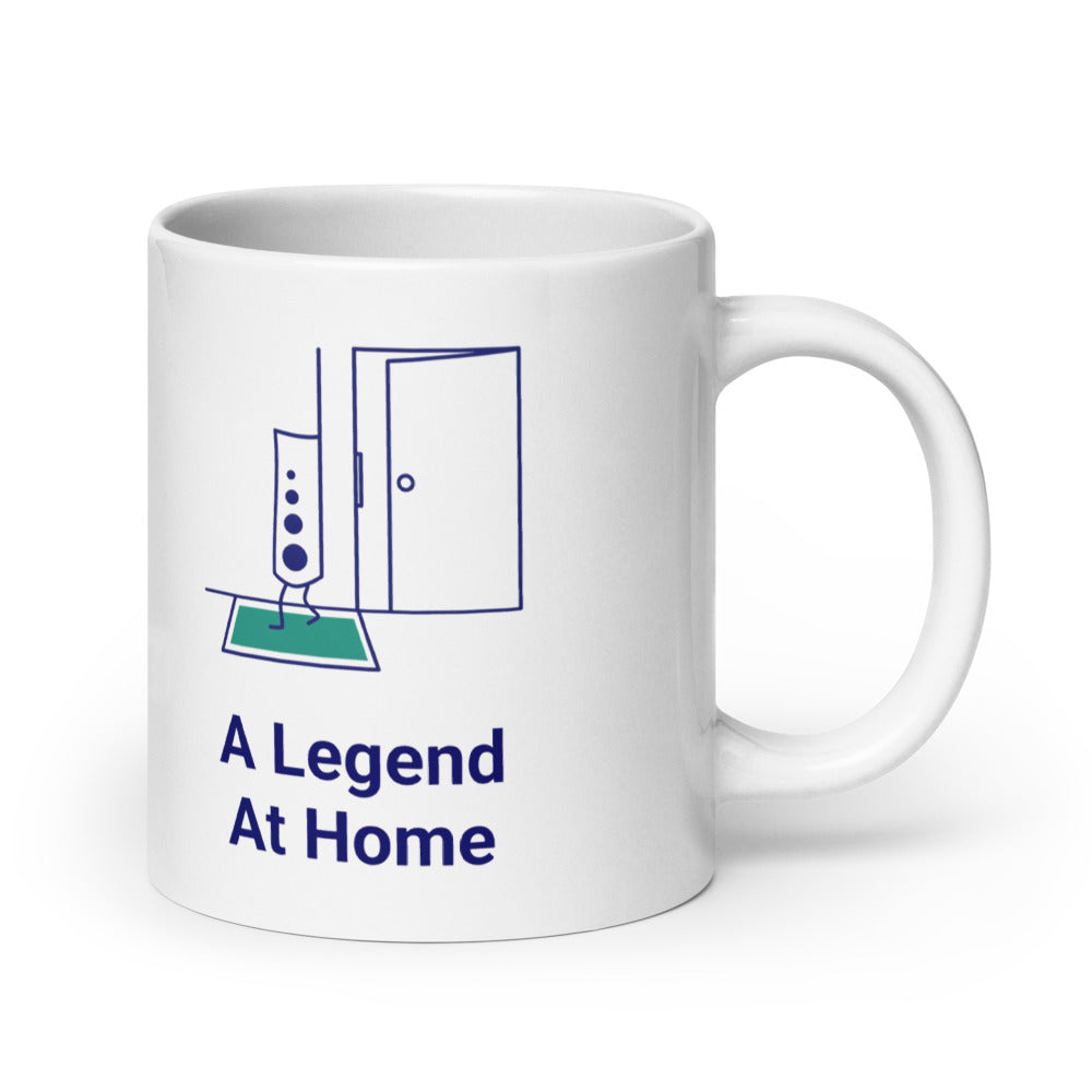 20 oz star atlas mug, handle on the right, the widest size with the doorway scene and A Legend at Home lettering