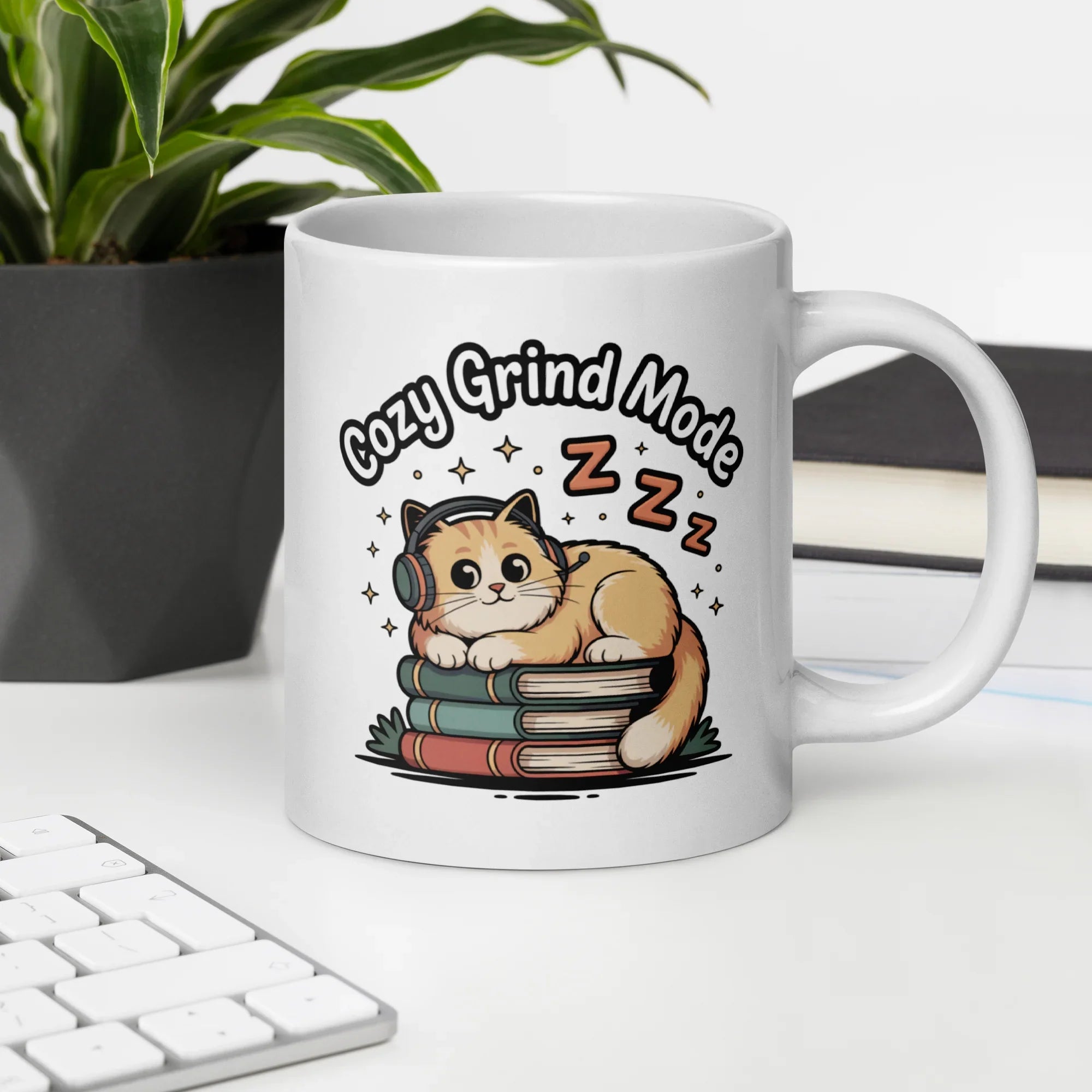 Cozy Grind Mode Cat Mug – Chill Gamer Cat with Headphones and Books - RaZits