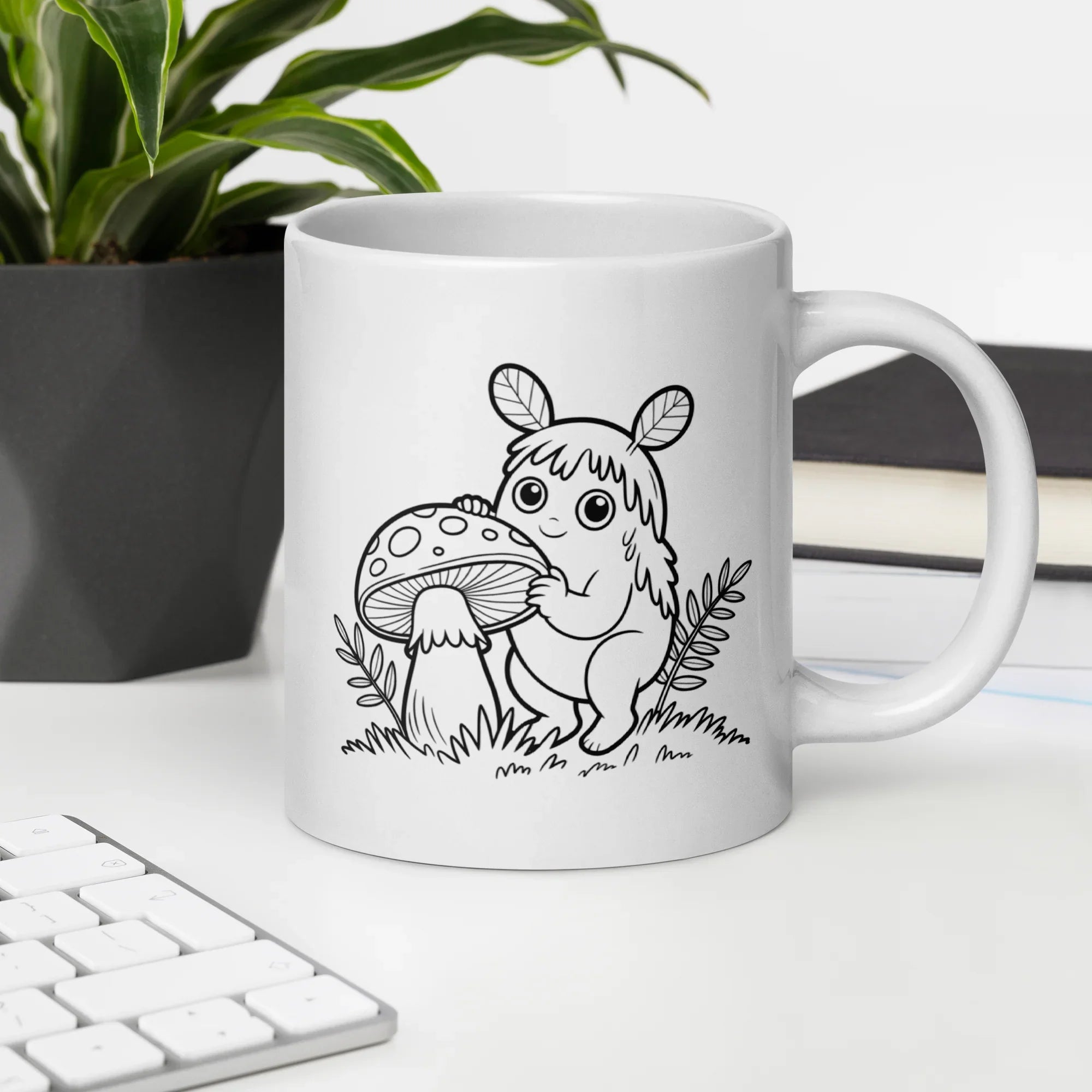 Forest Spirit & Mushroom Mug – Whimsical Woodland Creature Line Art Design - RaZits