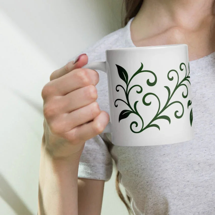 Botanical Swirl Art Mug – Elegant Green Leaf Design - RaZits