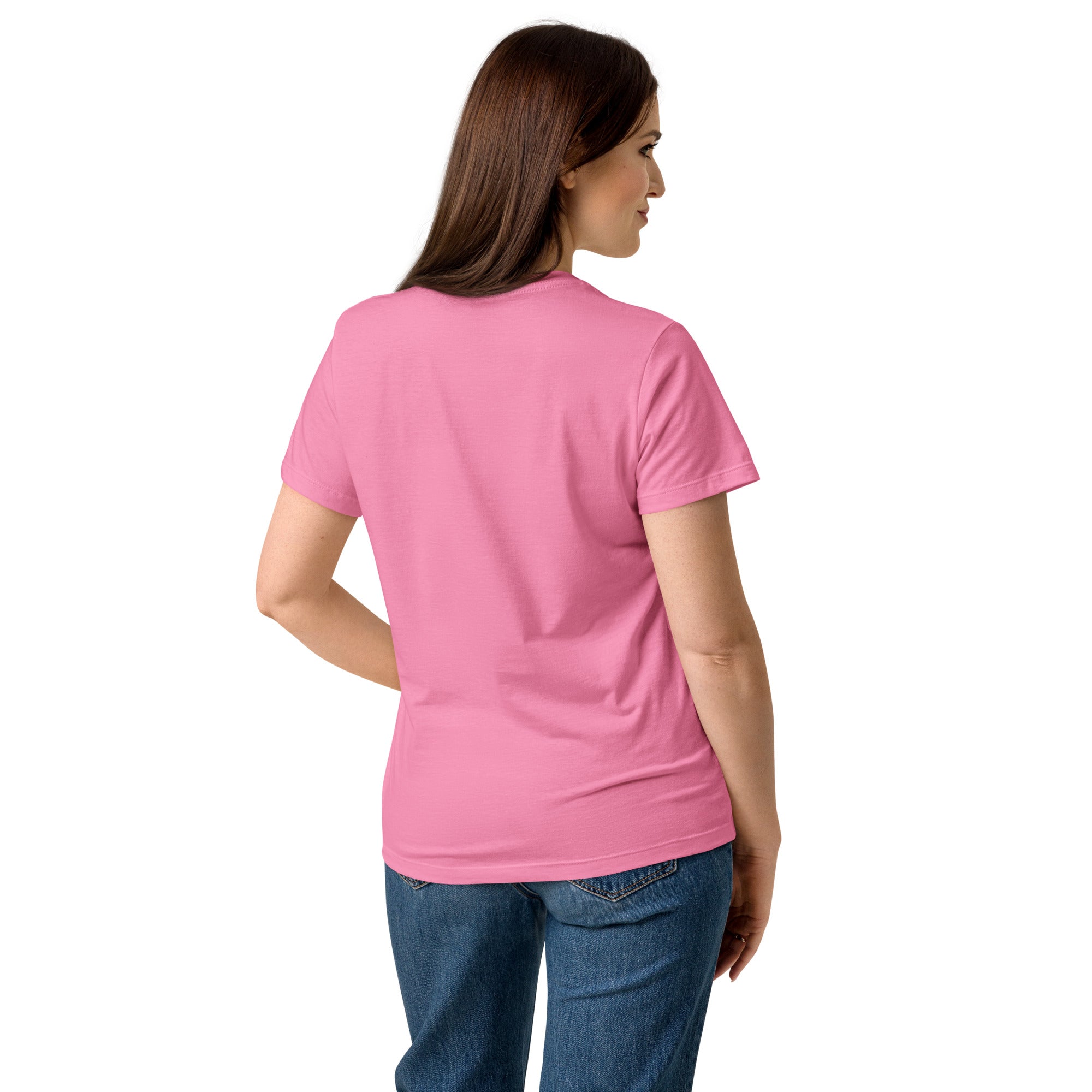 Stay Powered Pixel Star retro 8-bit gaming women's t-shirt in Azalea Pink, semi-fitted softstyle cotton, back view