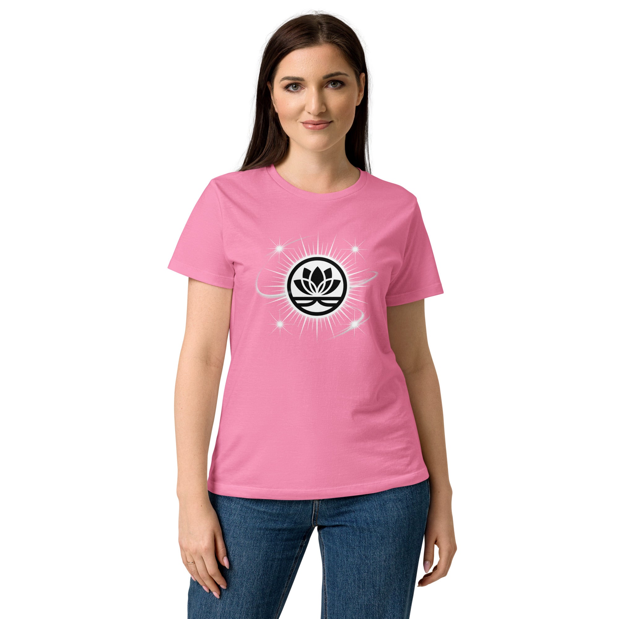 Lotus Martial Arts Symbol minimalist dojo women's t-shirt in Azalea Pink, semi-fitted softstyle cotton, front view