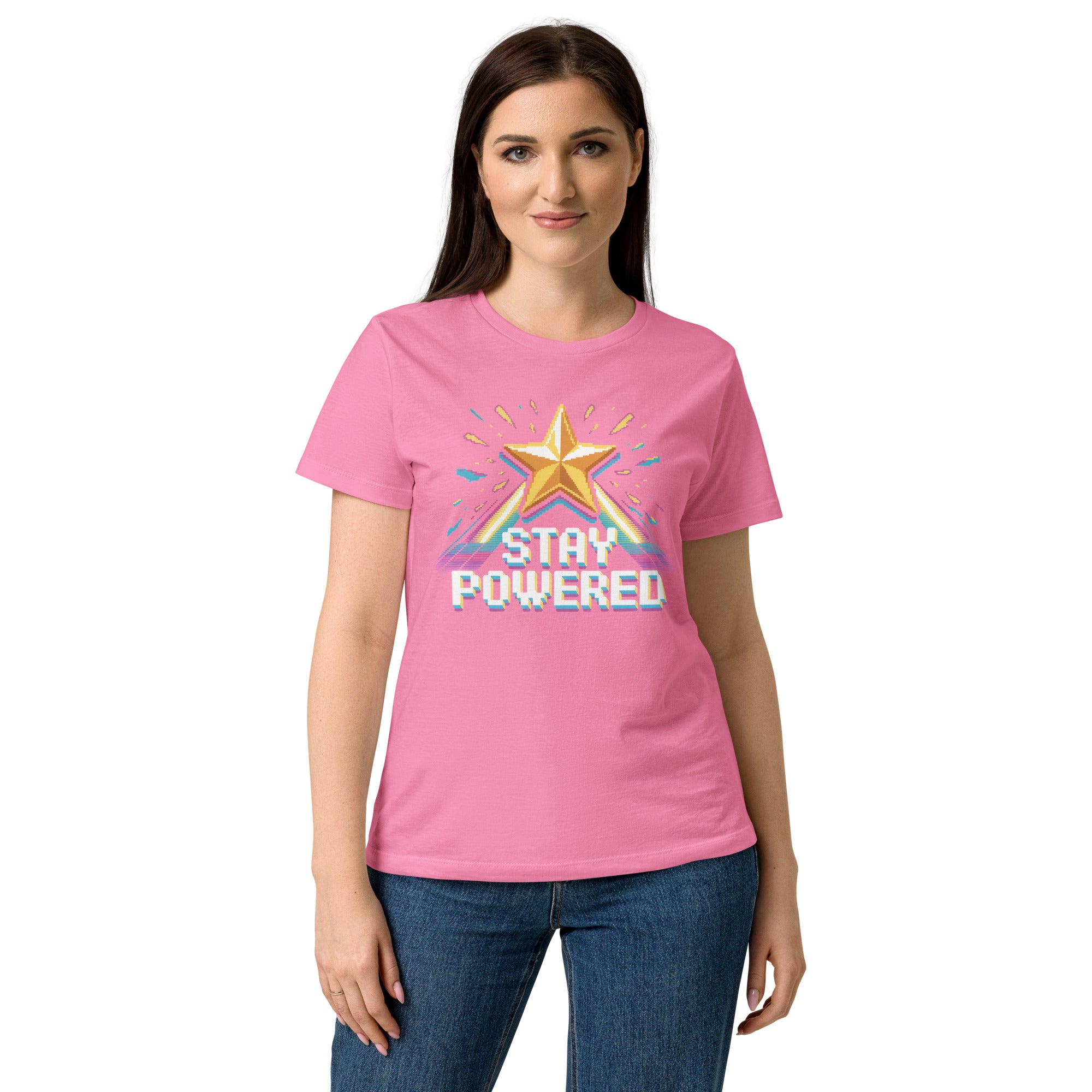 Stay Powered Pixel Star retro 8-bit gaming women's t-shirt in Azalea Pink, semi-fitted softstyle cotton, front view