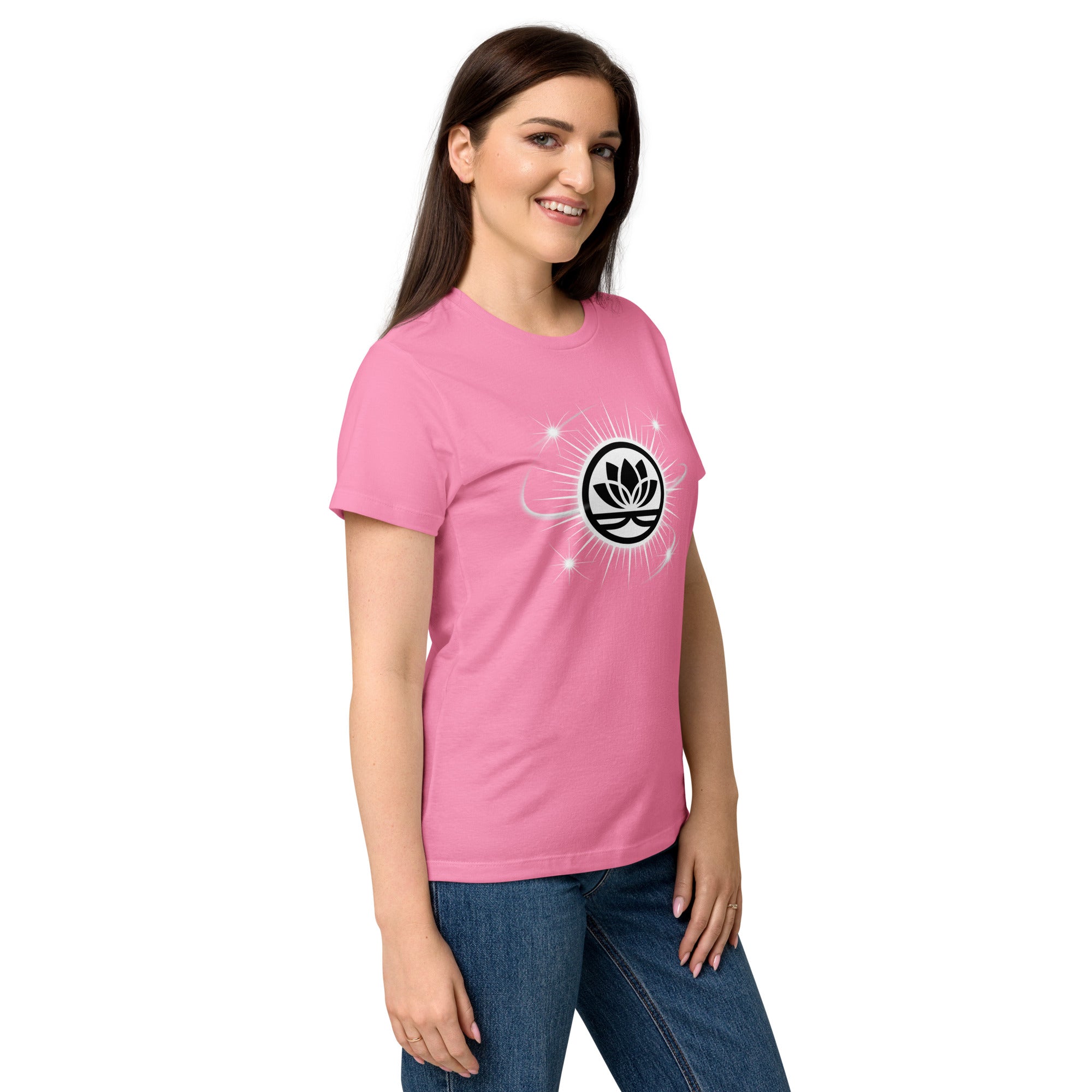 Lotus Martial Arts Symbol minimalist dojo women's t-shirt in Azalea Pink, semi-fitted softstyle cotton, right-front angle
