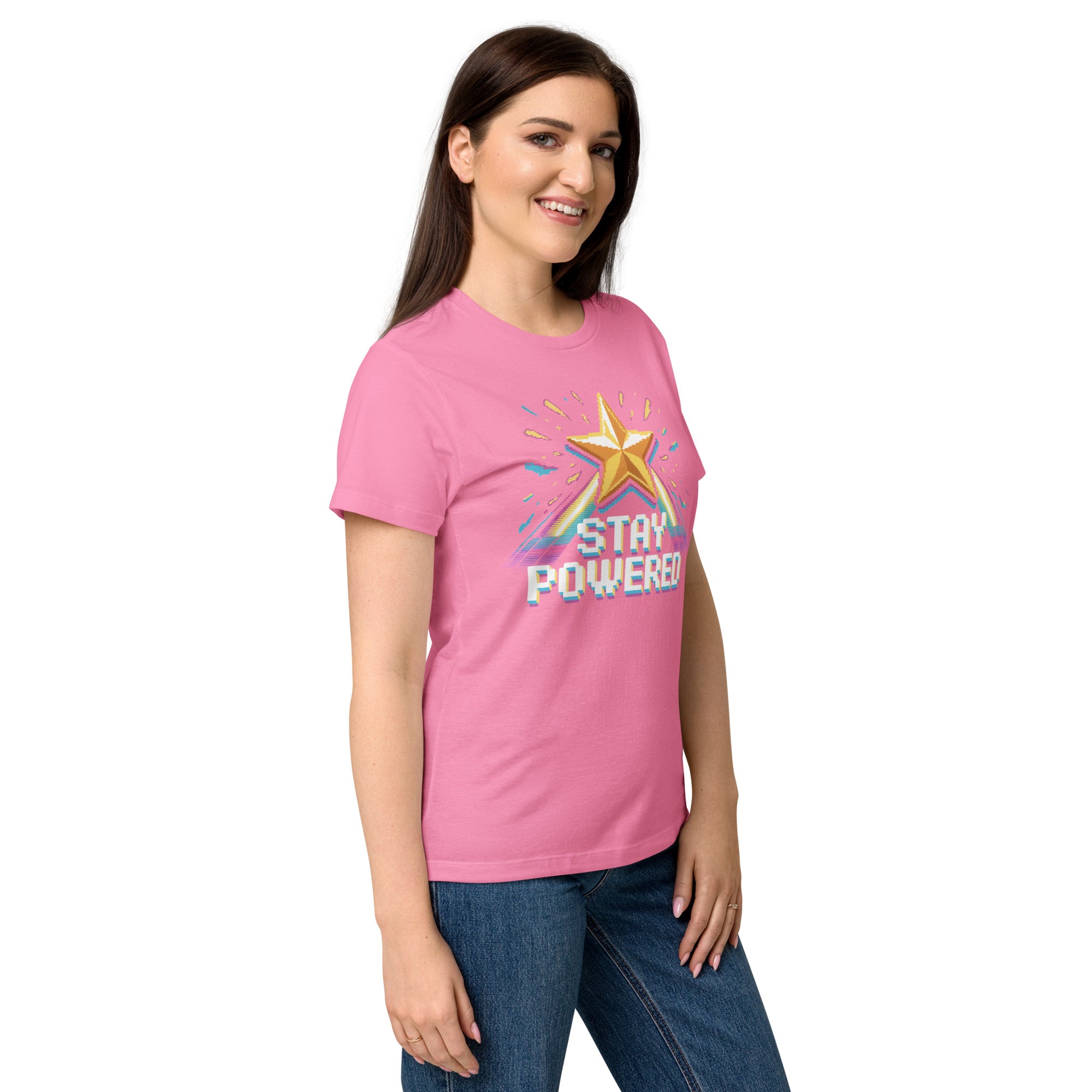Stay Powered Pixel Star retro 8-bit gaming women's t-shirt in Azalea Pink, semi-fitted softstyle cotton, right-front angle