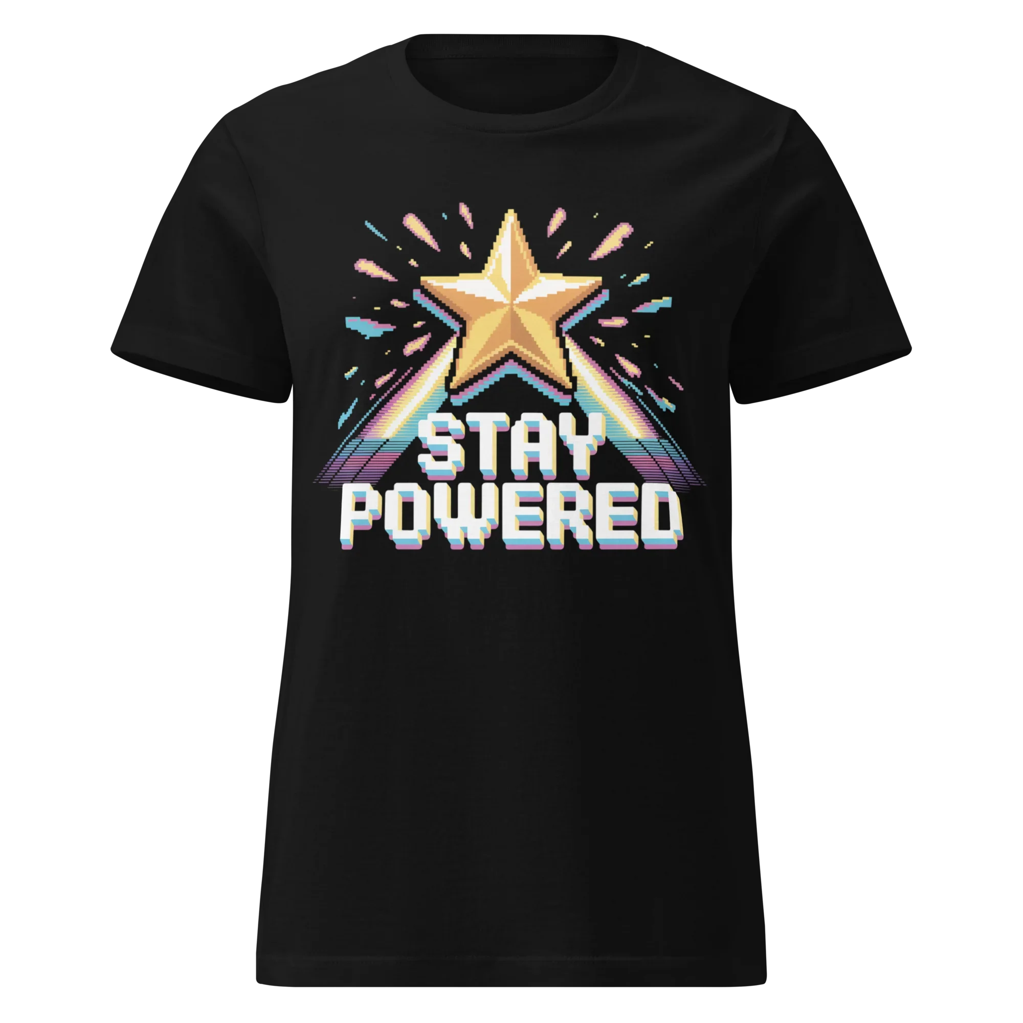 Stay Powered Pixel Star T-Shirt – Retro 8-Bit Gamer Energy Tee, Arcade Motivation Shirt - RaZits