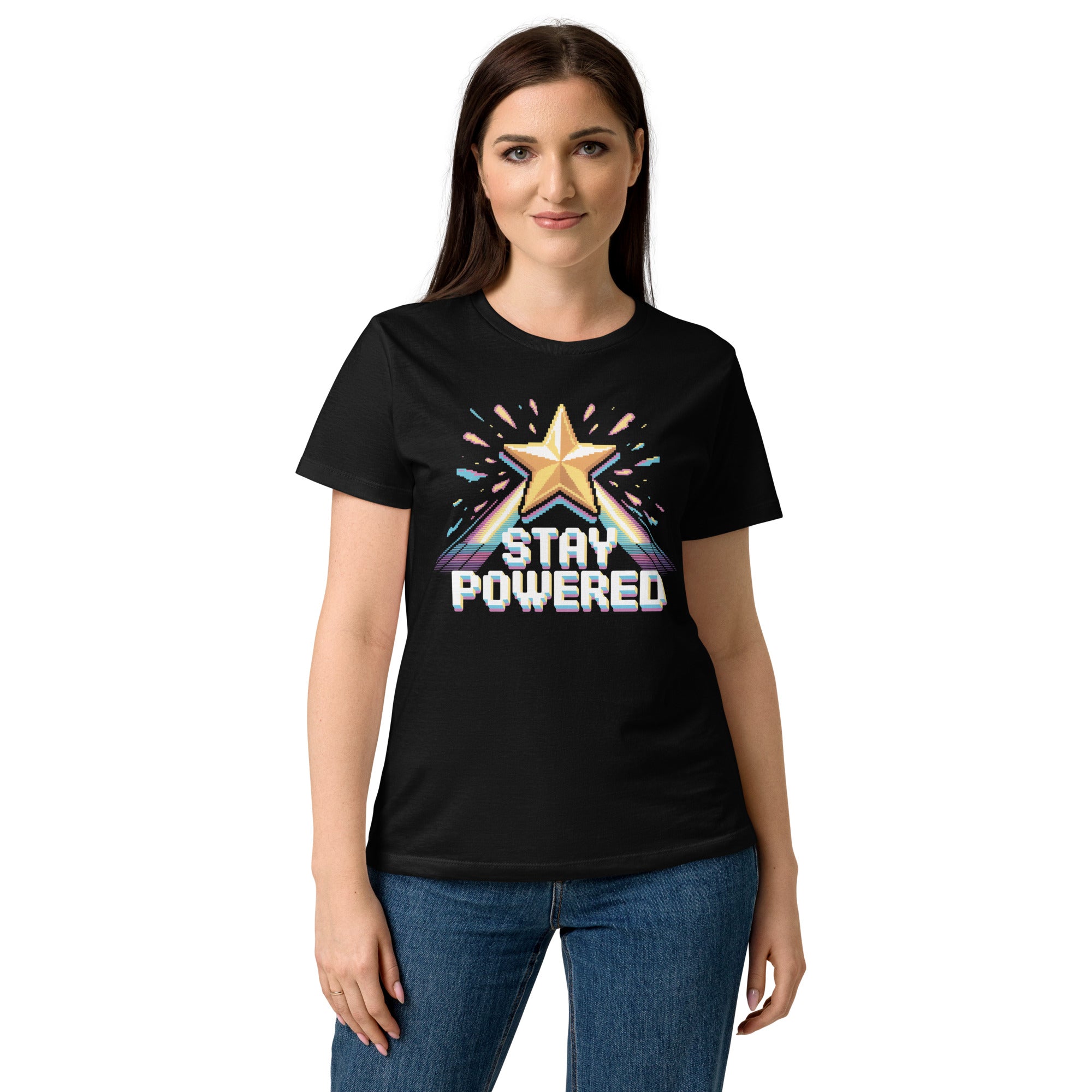 Stay Powered Pixel Star retro 8-bit gaming women's t-shirt in Black, semi-fitted softstyle cotton, front view