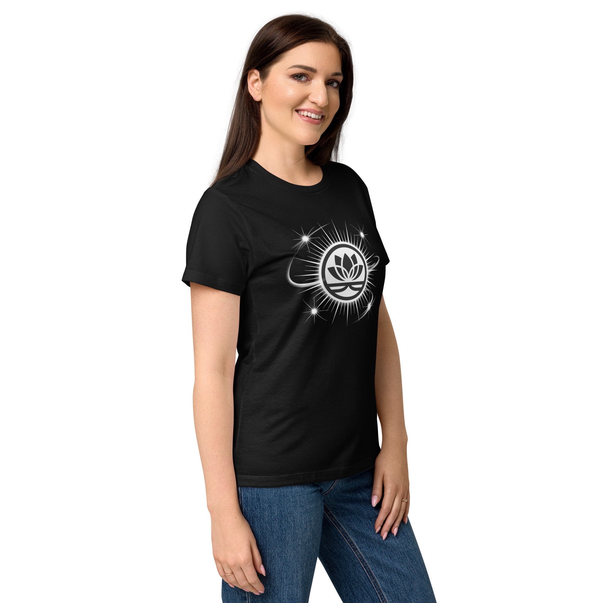 Lotus Martial Arts Symbol minimalist dojo women's t-shirt in Black, semi-fitted softstyle cotton, right-front angle