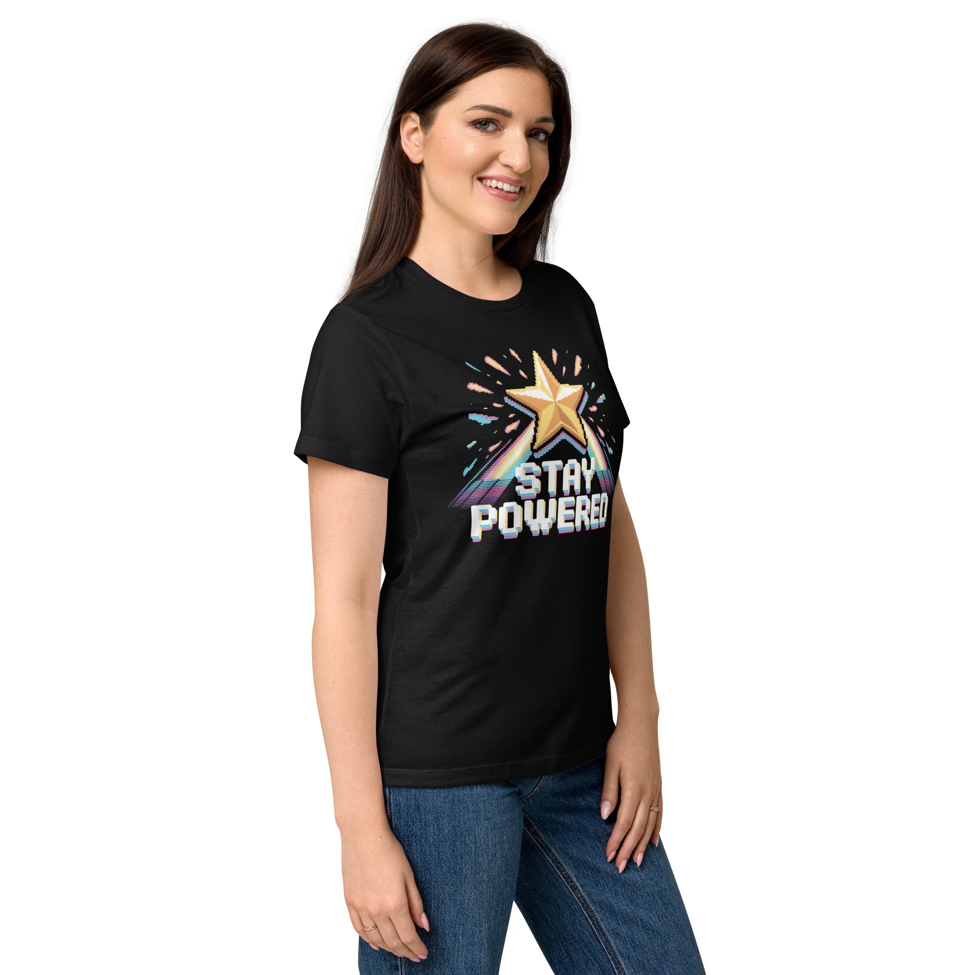 Stay Powered Pixel Star retro 8-bit gaming women's t-shirt in Black, semi-fitted softstyle cotton, right-front angle