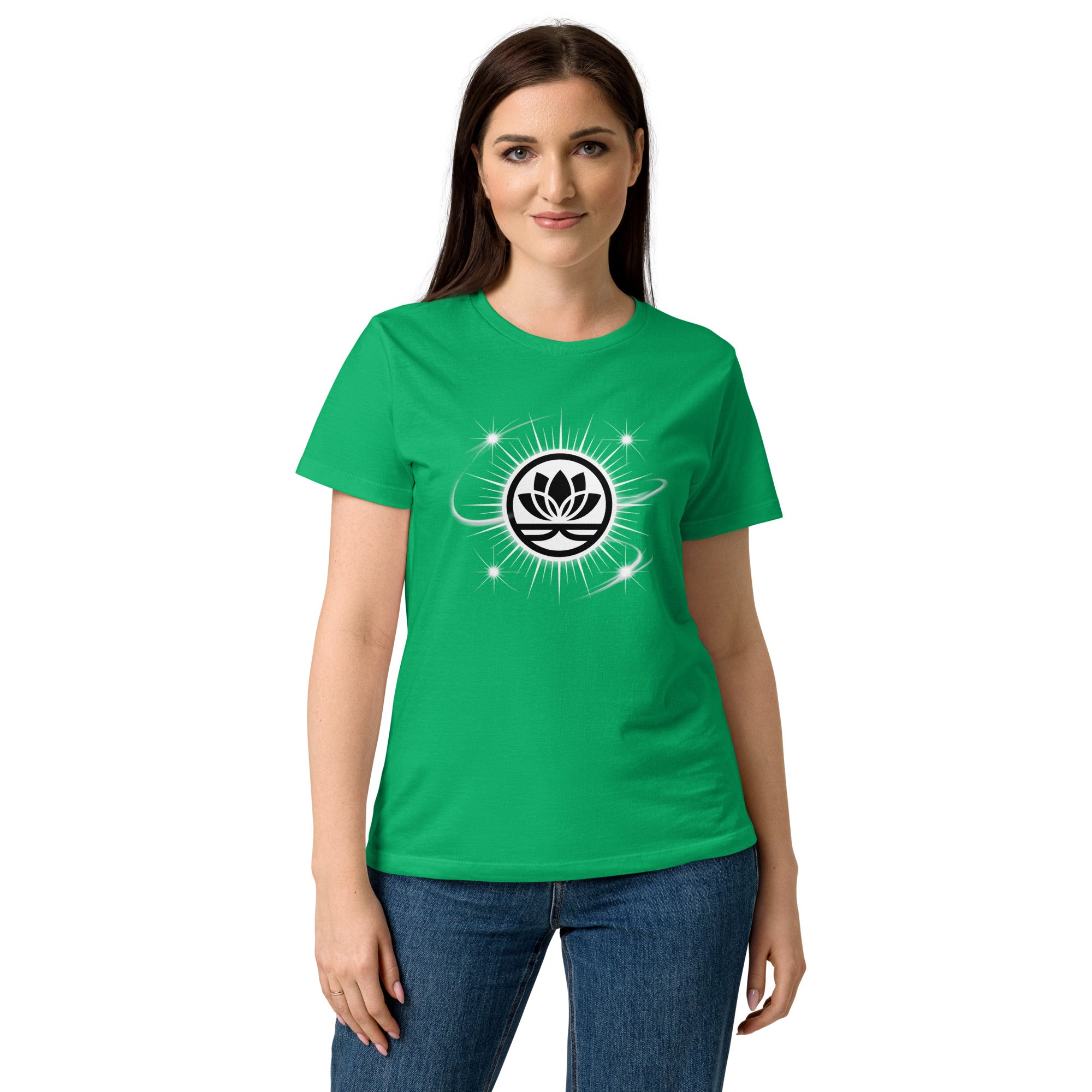 Lotus Martial Arts Symbol minimalist dojo women's t-shirt in Irish Green, semi-fitted softstyle cotton, front view