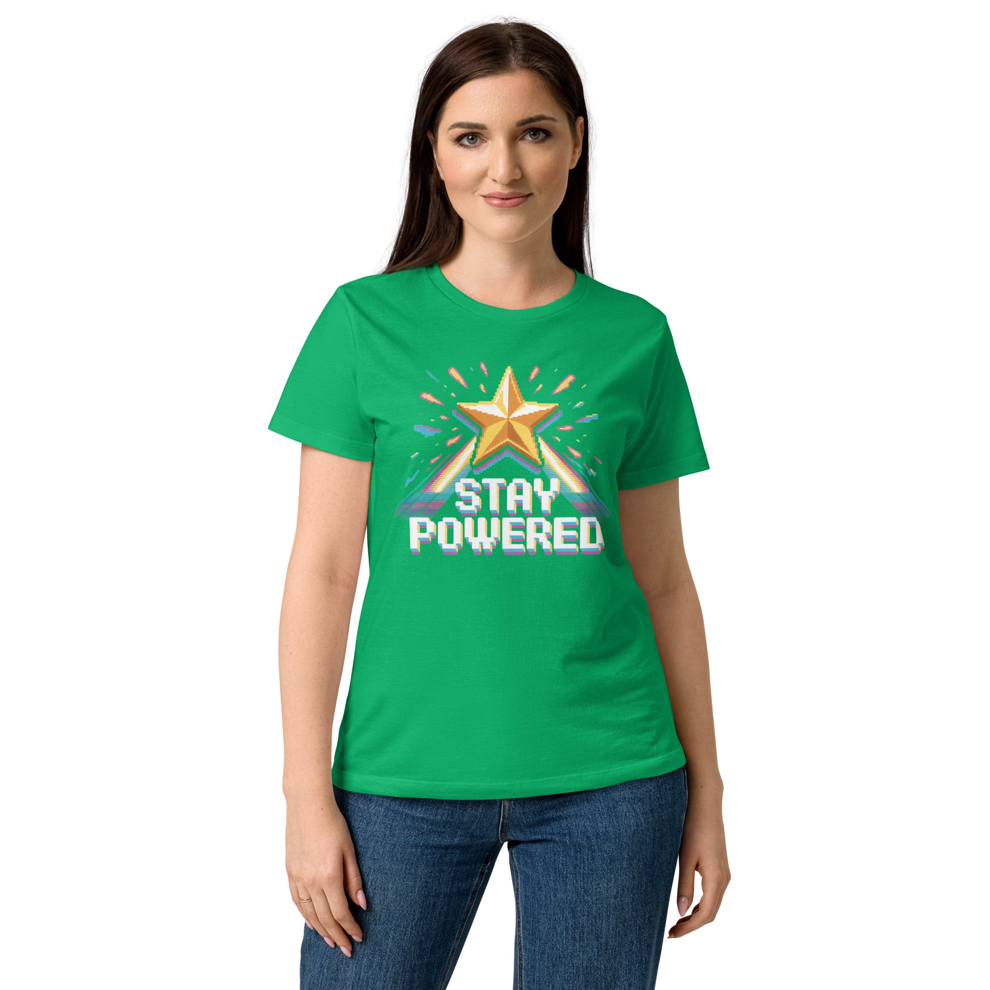 Stay Powered Pixel Star retro 8-bit gaming women's t-shirt in Irish Green, semi-fitted softstyle cotton, front view