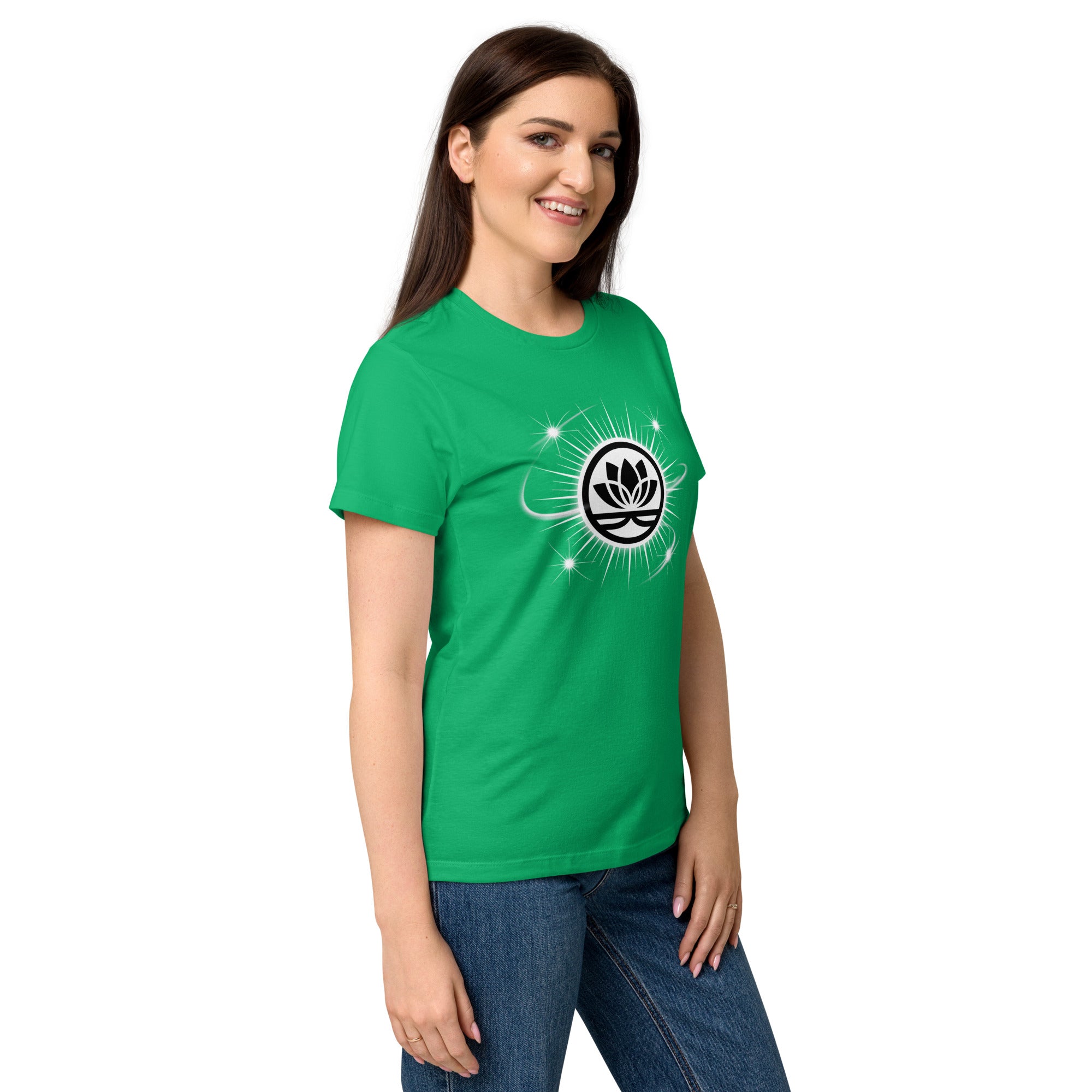 Lotus Martial Arts Symbol minimalist dojo women's t-shirt in Irish Green, semi-fitted softstyle cotton, right-front angle