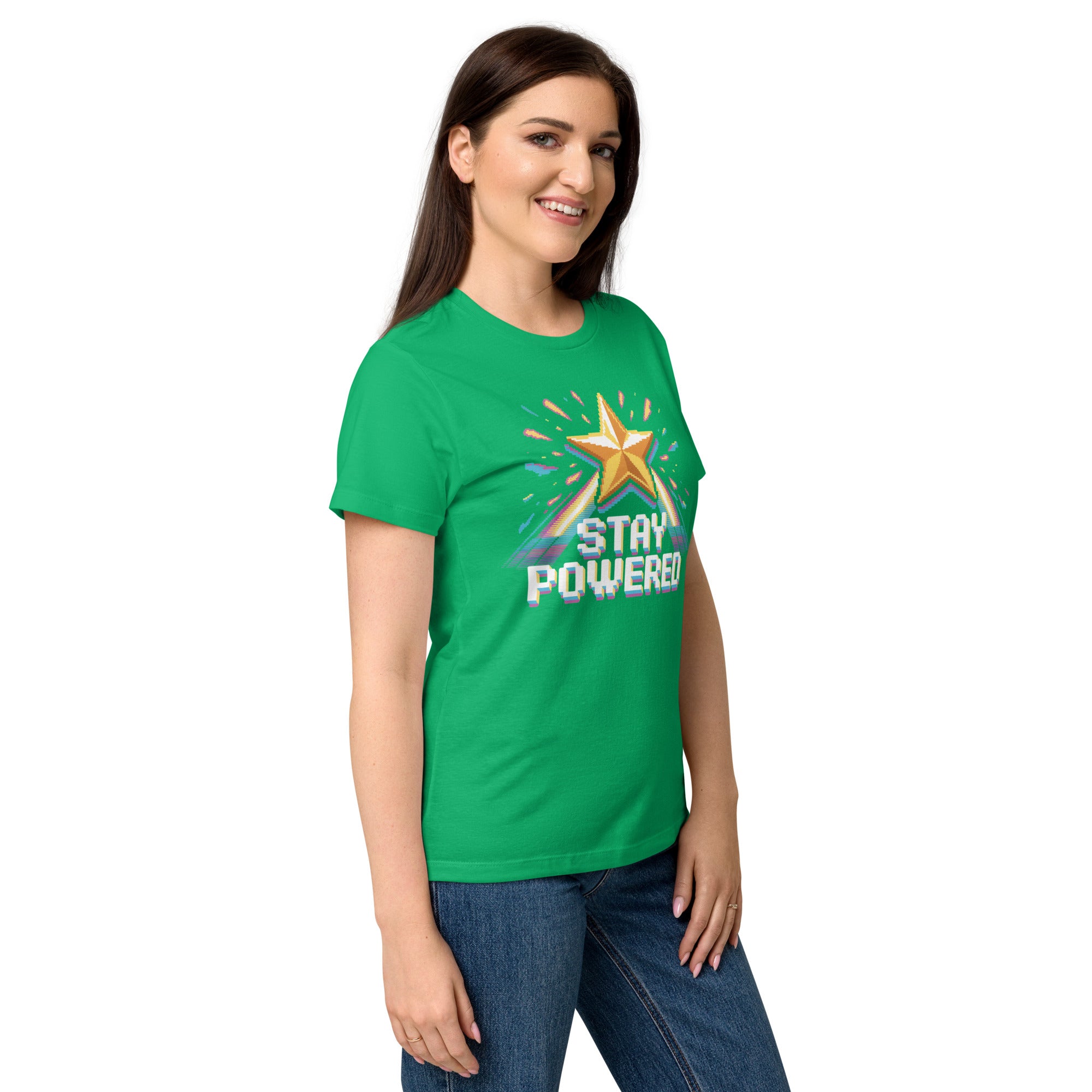 Stay Powered Pixel Star retro 8-bit gaming women's t-shirt in Irish Green, semi-fitted softstyle cotton, right-front angle