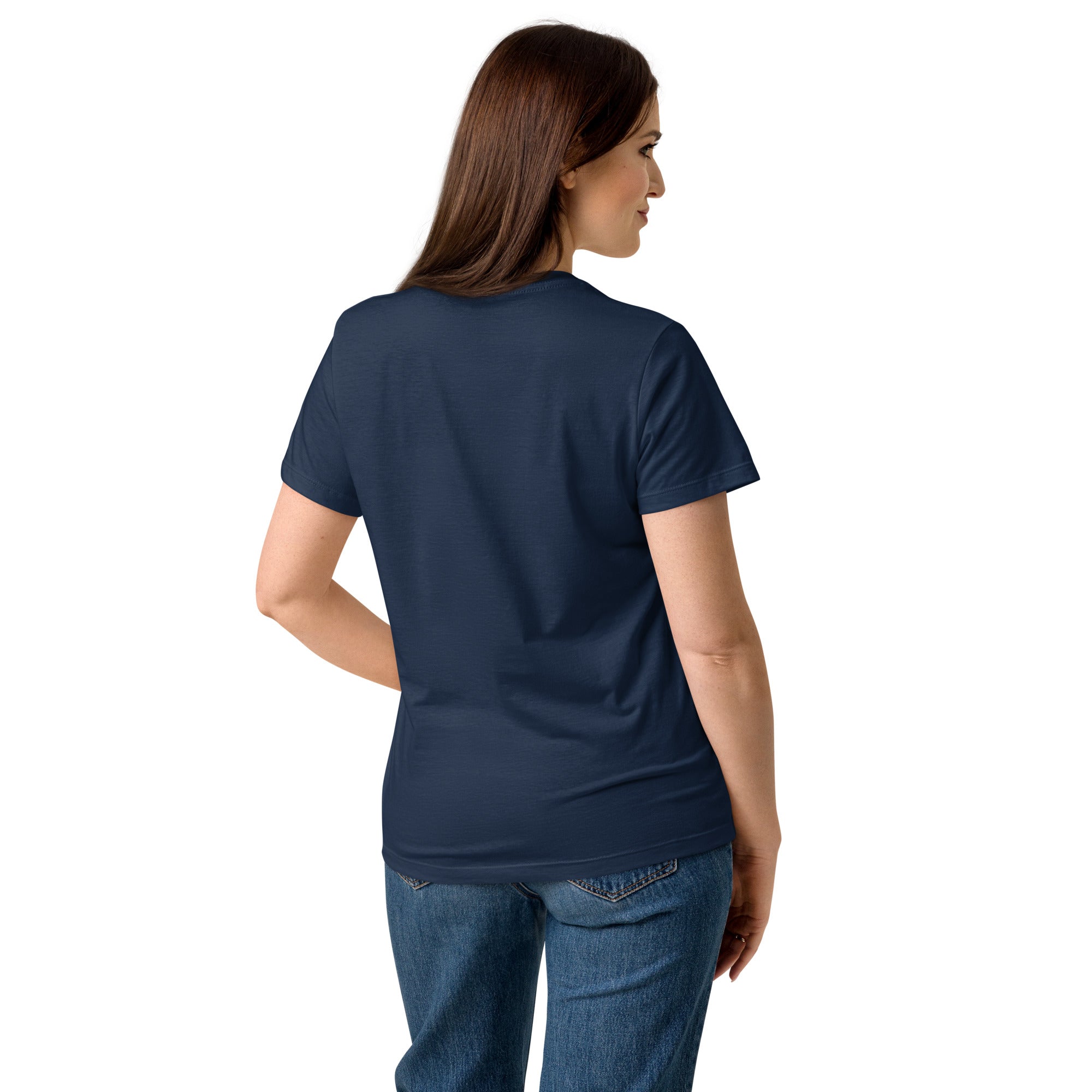 Stay Powered Pixel Star retro 8-bit gaming women's t-shirt in Navy, semi-fitted softstyle cotton, back view