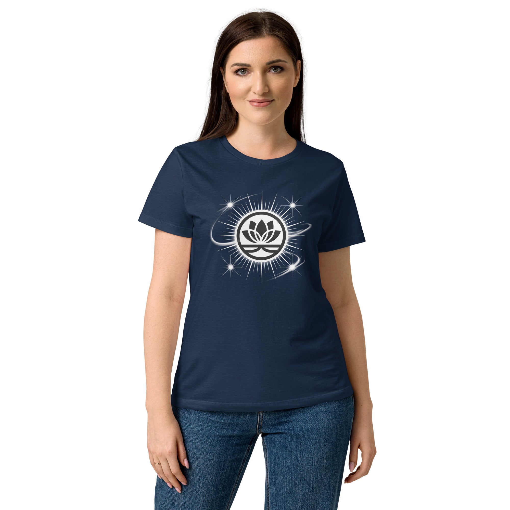 Lotus Martial Arts Symbol minimalist dojo women's t-shirt in Navy, semi-fitted softstyle cotton, front view