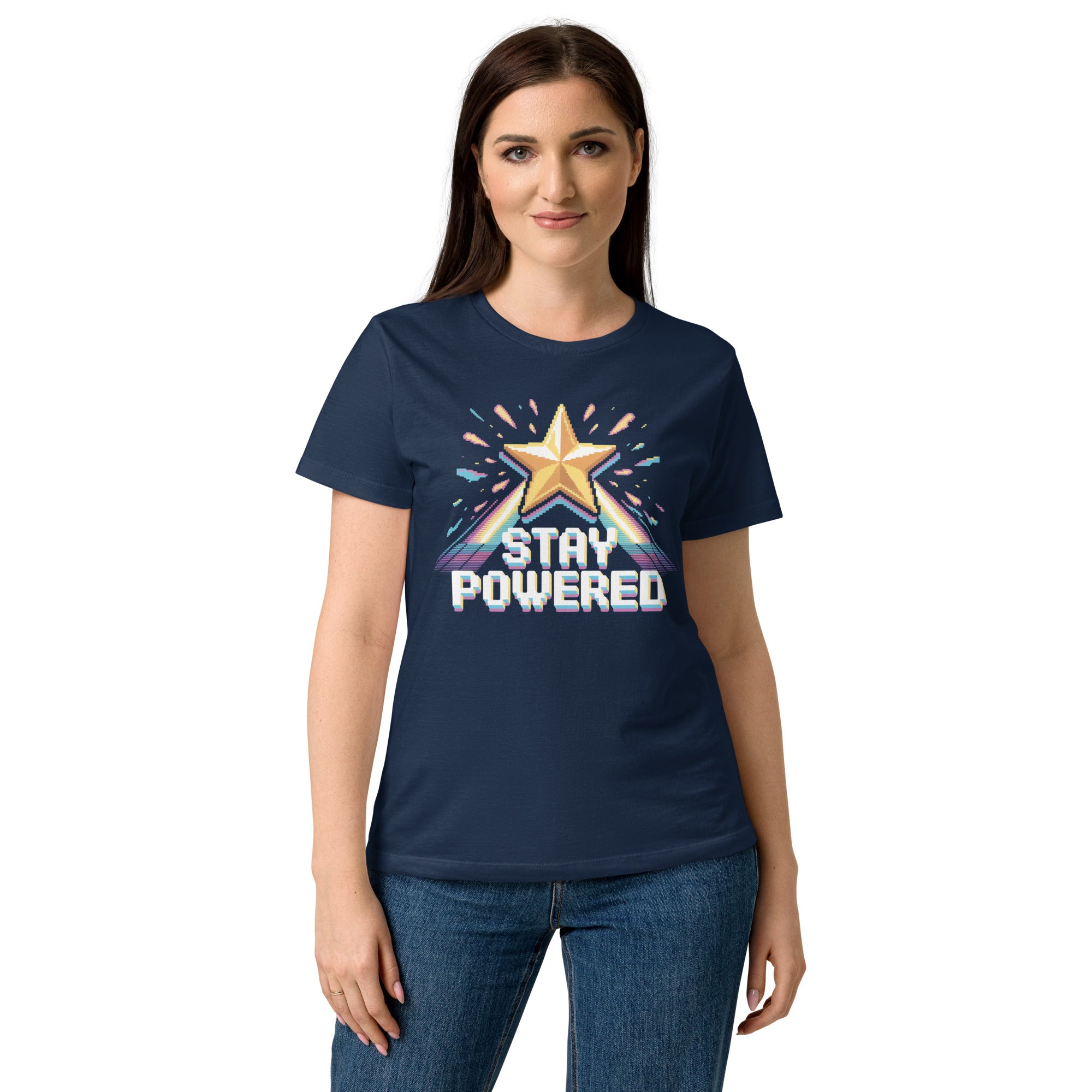 Stay Powered Pixel Star retro 8-bit gaming women's t-shirt in Navy, semi-fitted softstyle cotton, front view