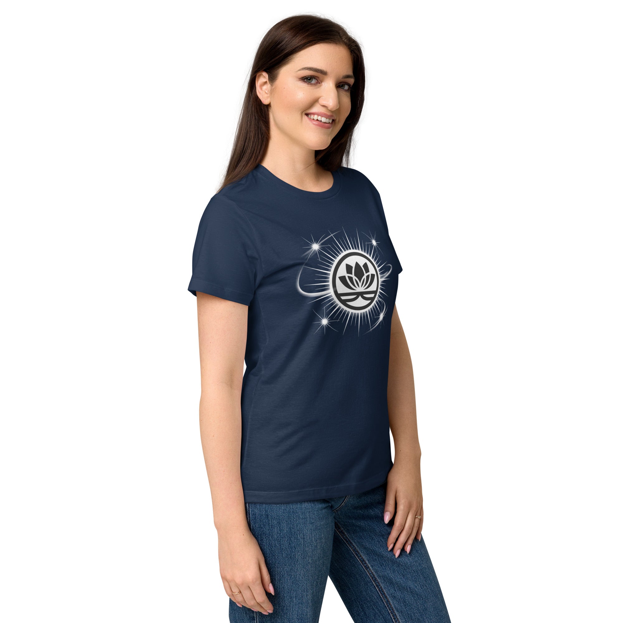 Lotus Martial Arts Symbol minimalist dojo women's t-shirt in Navy, semi-fitted softstyle cotton, right-front angle