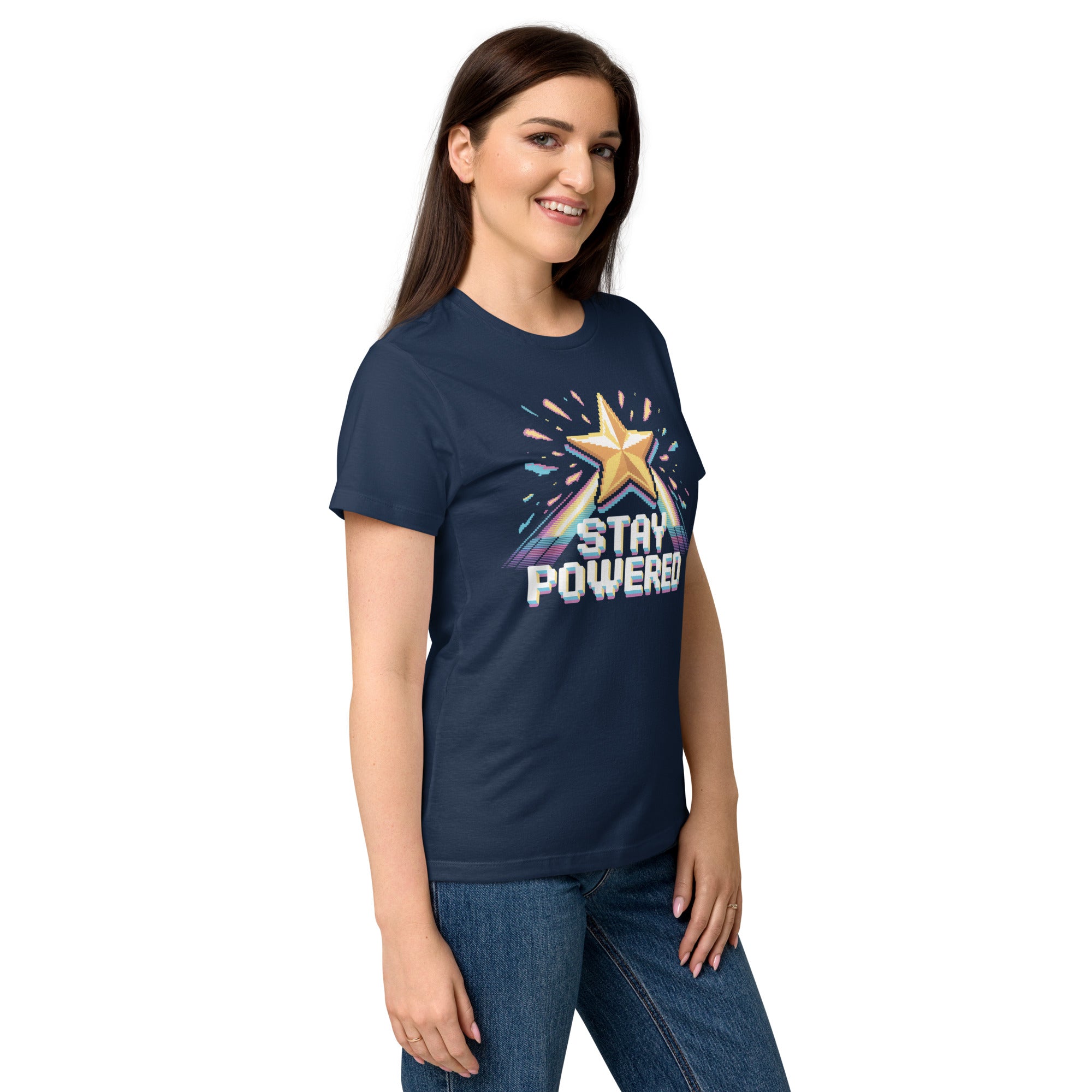Stay Powered Pixel Star retro 8-bit gaming women's t-shirt in Navy, semi-fitted softstyle cotton, right-front angle