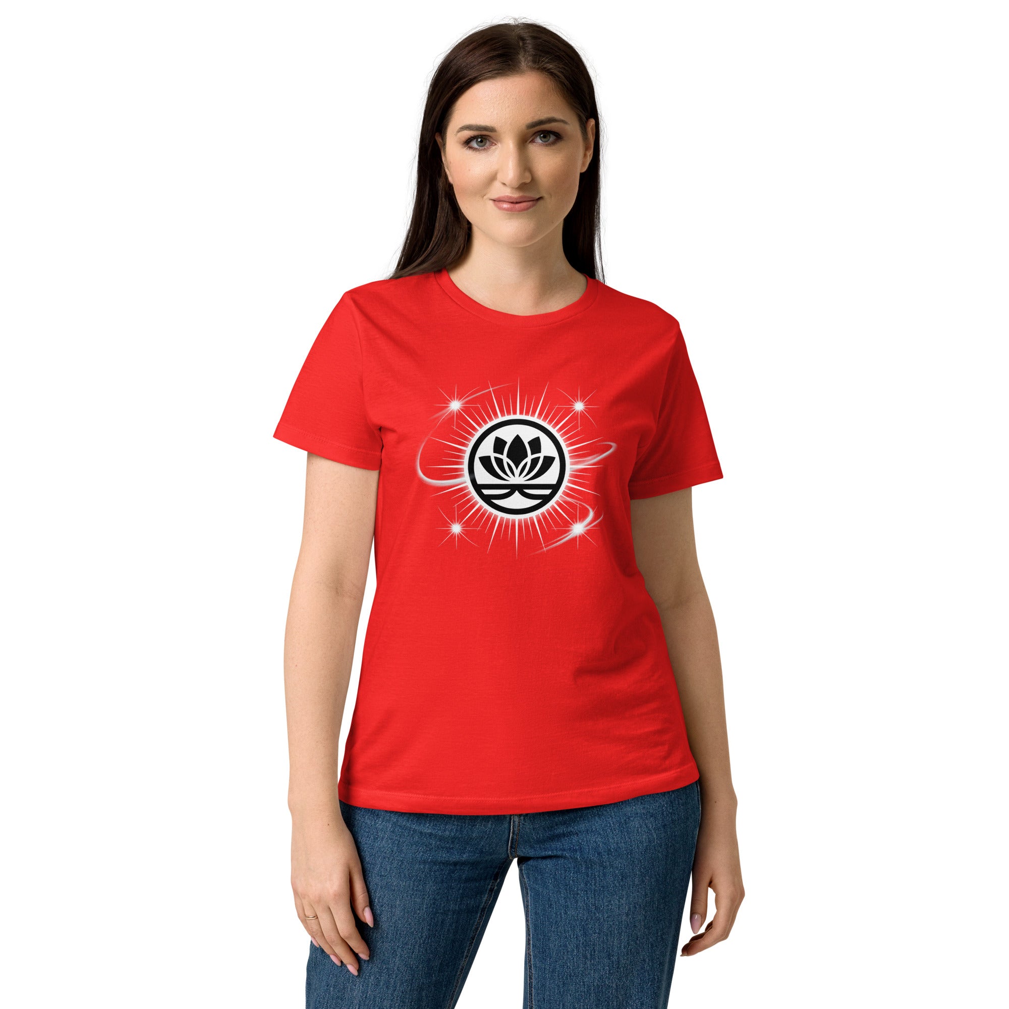 Lotus Martial Arts Symbol minimalist dojo women's t-shirt in Red, semi-fitted softstyle cotton, front view