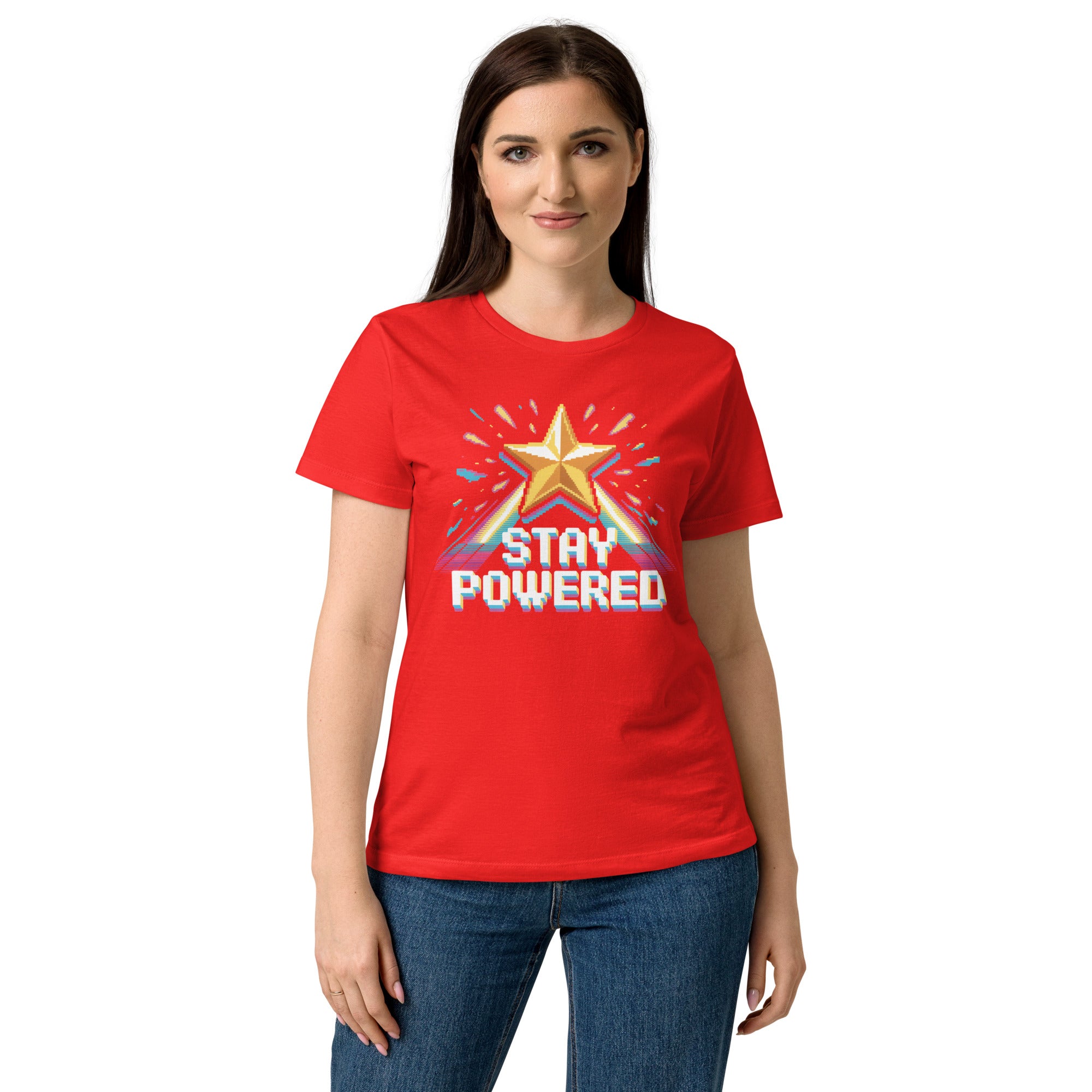 Stay Powered Pixel Star retro 8-bit gaming women's t-shirt in Red, semi-fitted softstyle cotton, front view