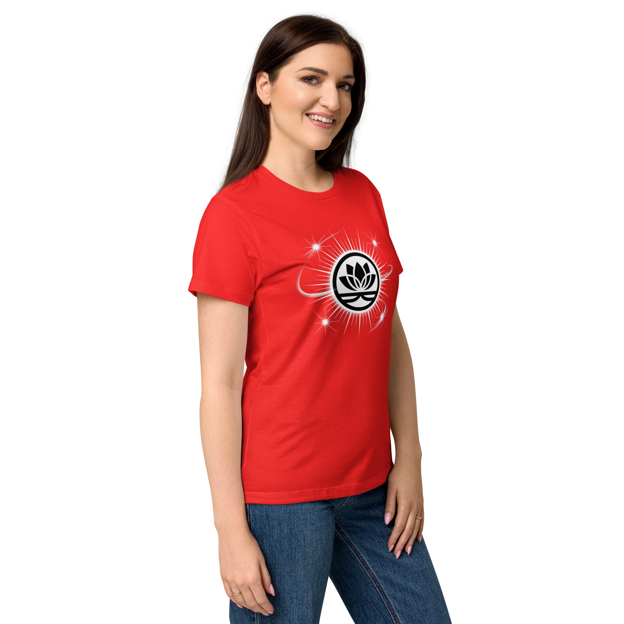 Lotus Martial Arts Symbol minimalist dojo women's t-shirt in Red, semi-fitted softstyle cotton, right-front angle