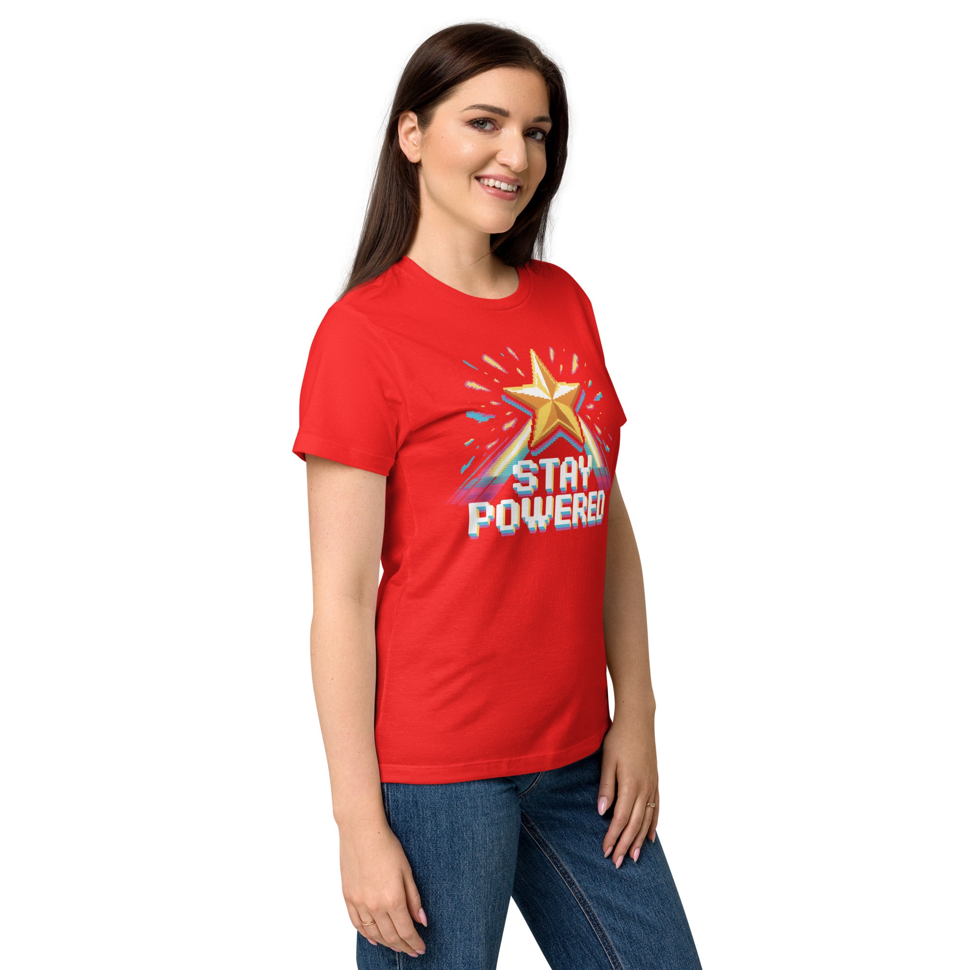 Stay Powered Pixel Star retro 8-bit gaming women's t-shirt in Red, semi-fitted softstyle cotton, right-front angle