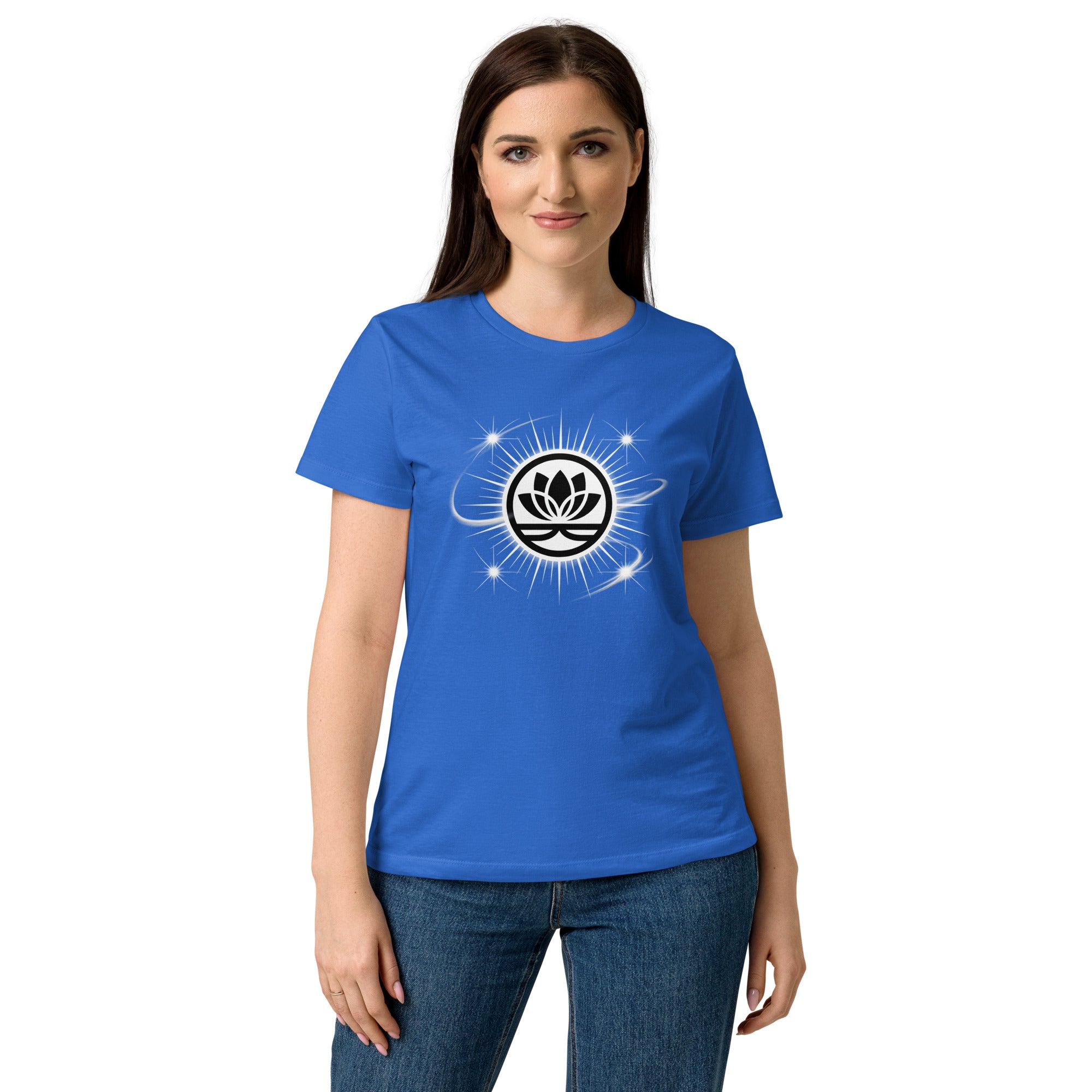 Lotus Martial Arts Symbol minimalist dojo women's t-shirt in Royal Blue, semi-fitted softstyle cotton, front view