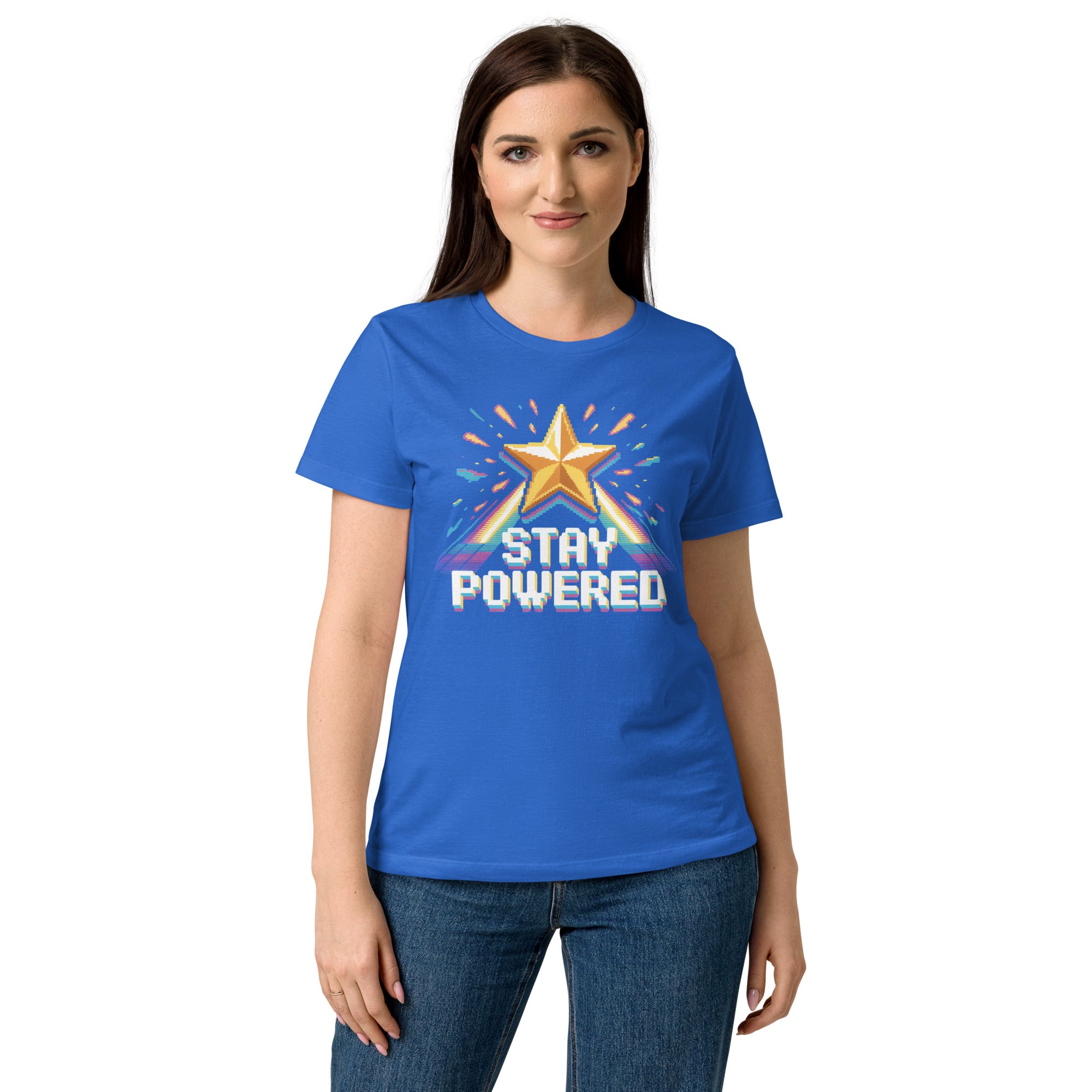 Stay Powered Pixel Star retro 8-bit gaming women's t-shirt in Royal Blue, semi-fitted softstyle cotton, front view
