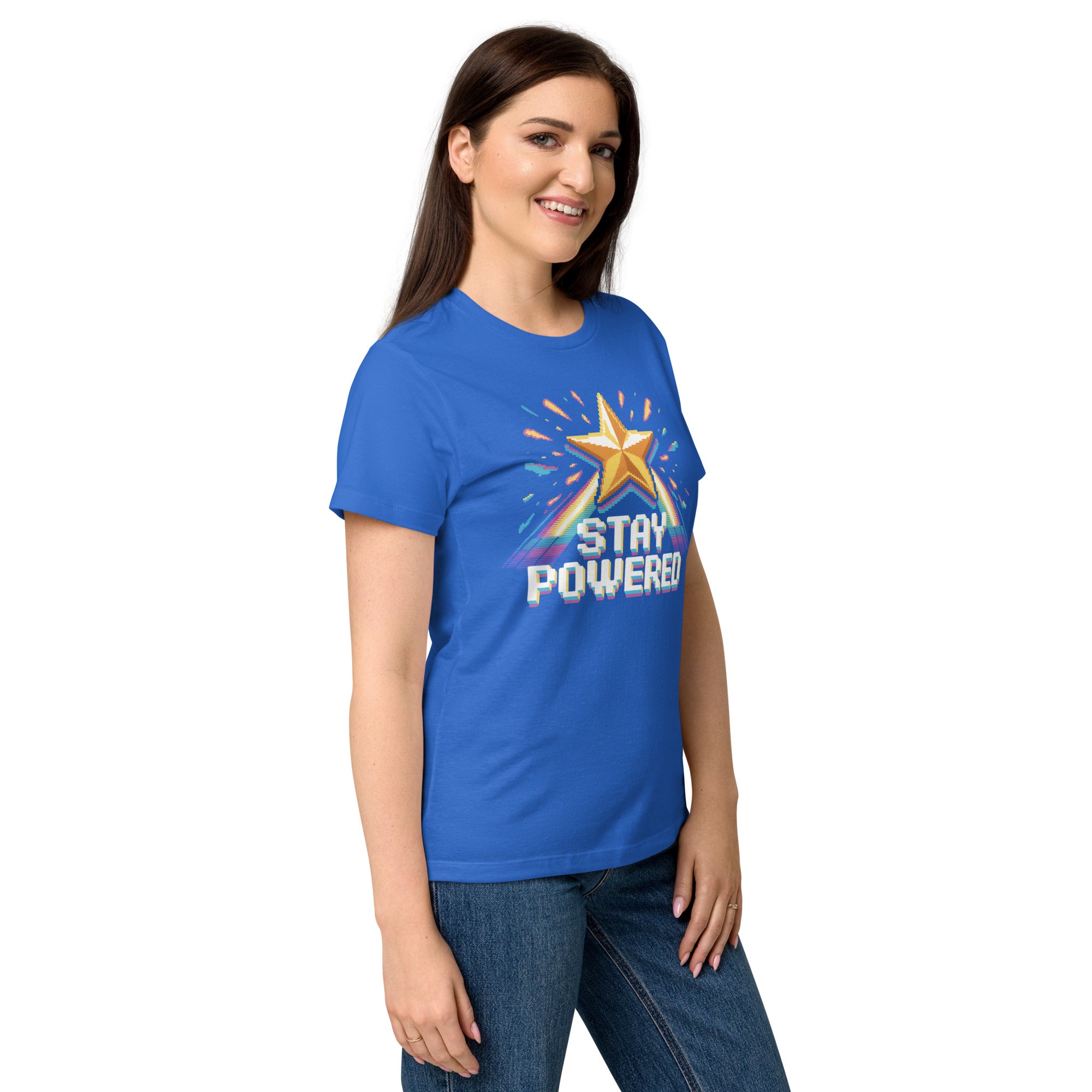 Stay Powered Pixel Star retro 8-bit gaming women's t-shirt in Royal Blue, semi-fitted softstyle cotton, right-front angle