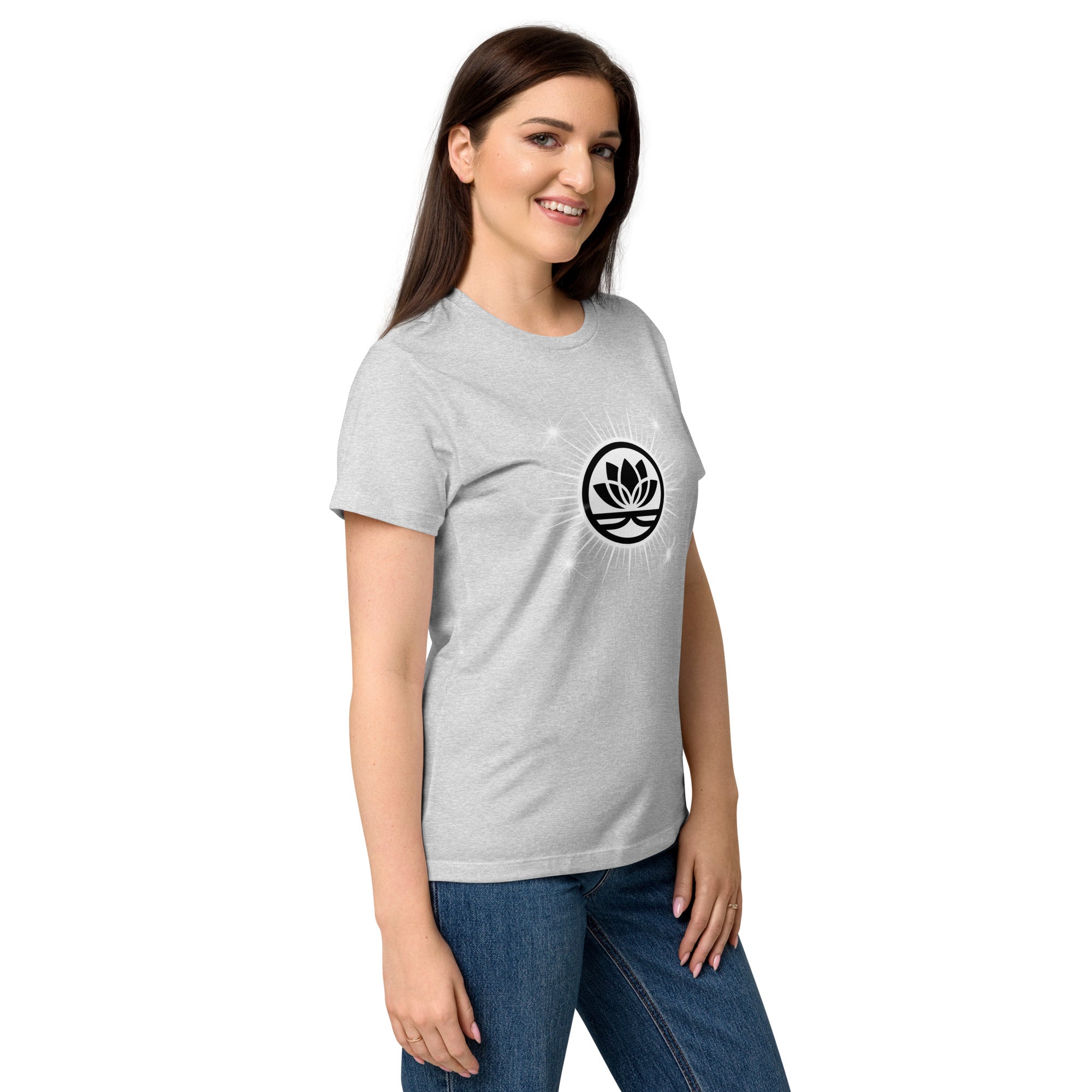 Lotus Martial Arts Symbol minimalist dojo women's t-shirt in RS Sport Grey, semi-fitted softstyle cotton, right-front angle